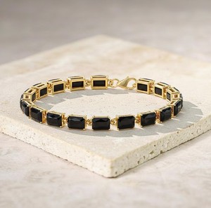 Emerald Cut Black Onyx Women's 925 Sterling <b>Silver</b> Gold Plated Luxury <b>Charm</b> Tennis Bracelet Handmade Fine Jewelry - Product Image 1