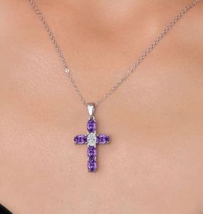 Collar con Colgante de Cruz Ovalada de Amatista, Chapado en Oro de 14k, Plata de Ley 925, Estilo Religioso con Gema Morada para Mujer - Product Image 2
