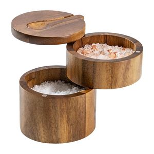 Tabletop Three Layer <b>Small</b> Size Acacia Wooden Salt <b>Box</b> <b>with</b> Swivel <b>Lid</b> Herb Spice Tool Salt Cellar <b>Box</b> Bowl Kitchen Accessories - Product Image 5