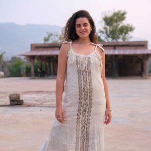 Handcrafted Women Cotton Linen Boho <b>Maxi</b> Dress with Shoulder Tie Straps Traditional Geometric Block Print Panel Dress For Women - Product Image 3