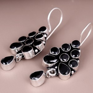 Pendientes Colgantes de Latón Plateado Antiguo con Ónix Negro y Engaste Bohemia, Hechos a Mano en India, Joyería de Declaración para Fiesta para Mujer - Product Image 5