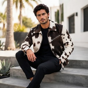 Blouson Bomber Homme en Cuir Style Motard avec Détails en Poil de Vache, Motif Écossais Tendance Été, Respirant, Fermeture Éclair - Product Image 3