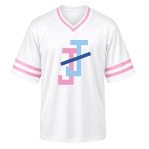 เสื้อกีฬาปักลายวีเนคสีขาว แขนสั้น ลายทางสีชมพู เสื้อทีมกีฬาน้ำหนักเบา ชุดยูนิฟอร์มกีฬา - Product Image 1