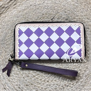 Western Genuine Cowhide Leather Checkered Wallet for Women Zipper Clutch Handcrafted <b>Wristlet</b> Purse Multi Color Durable Design - Product Image 1
