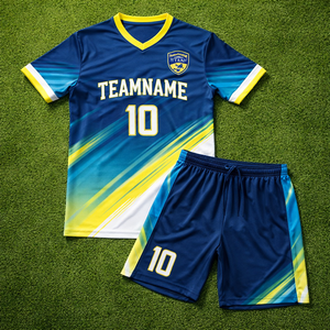 ผู้ผลิตชุดฟุตบอลแบบ OEM ตามสั่ง ผ้าโพลีเอสเตอร์ 100% ระบายอากาศ แห้งเร็ว พร้อมสกรีนชื่อและหมายเลขผู้เล่นตามแบบที่ต้องการ - Product Image 1