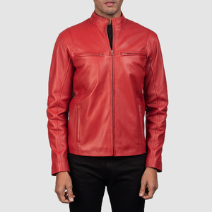 Men's Red Genuine Leather Moto <b>Jacket</b> Stand Collar Zipper Closure <b>Slim</b> <b>Fit</b> Regular Length Solid Color Autumn Wear - Product Image 3