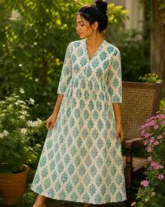 Bohemian Floral Printed Cotton Vintage Eco-Friendly <b>Dress</b> Natural Waist <b>Elastic</b> Closure Long Sleeve V-Neck Maxi - Product Image 2