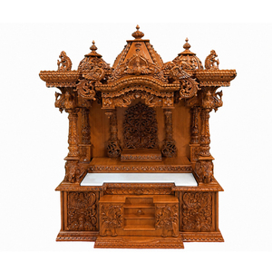 Premium Quality Teak Wood <b>Mandir</b> with Storage Drawers Traditional Shikhara Style Home Temple with HandCarved Elephant Pillars UK - Product Image 1