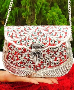 Handmade Metal Clutch <b>Bag</b> With Red Enamel And Silver Filigree Chain Strap Elegant Evening Party Handbag - Product Image 3