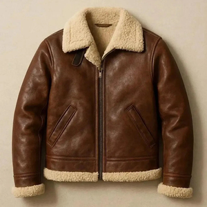 Blouson aviateur en cuir véritable marron pour homme, imperméable, avec doublure en polyester, fermeture éclair, style moto, pour l'hiver - Product Image 3