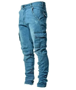 Men's Slim Fit Casual Denim Trousers Medium Wash Mid Rise Breathable Sporty Hip Hop Straight Micro-<b>elastic</b> Cargo <b>Jeans</b> Summer - Product Image 3