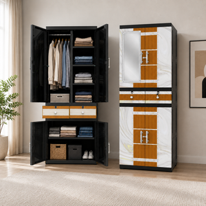 Naiba Drawer Fit <b>Plastic</b> Wardrobe Cabinet Beige with Drawer, Shelves, Hanger & <b>Mirror</b> for Clothing Storage Bedroom Furniture - Product Image 1