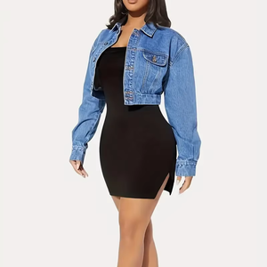 Veste en jean courte pour femme, délavage moyen, fermeture éclair, couleur unie, style décontracté automne, coupe skinny, manches longues, respirante, ODM - Product Image 6