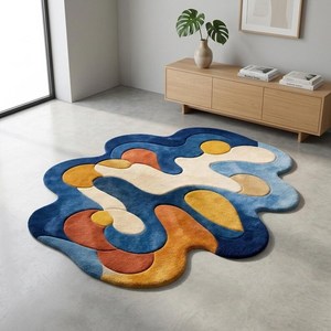 Blue Abstract Area Rug Irregular Shape Modern Artistic Hand Tufted Carpet Multicolor Designer Rug for Living Room Bedroom Decor - Product Image 1