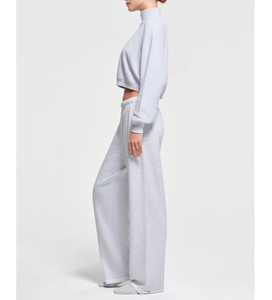 Lady's Medium Weight Soft Plush Fleece Cotton Relaxed Fit Drop Shoulder Cropped Half <b>Zip</b> Pullover Fleece Jogger Sweatpants Sets - Product Image 5