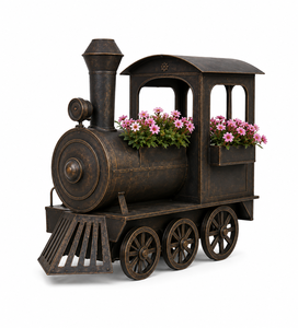Jardinière vintage en forme de train, décoration de jardin extérieure, pot à fleurs en métal, design rustique de locomotive, décoration de cour et de patio - Product Image 1
