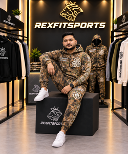 ชุดวอร์มลายพรางสำหรับผู้ชาย REXFIT SPORTS พร้อมงานปักแบบดิสเทรส พิมพ์ลายสกรีน เสื้อฮู้ดดี้และกางเกงจ็อกเกอร์แบบสปอร์ต - Product Image 3