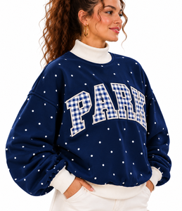 Sweat-shirt personnalisé pour femme, col montant oversize, impression OEM, 100% coton, motif gingham, épaules tombantes, décontracté, léger, pull-over - Product Image 6