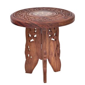 Wood <b>Folding</b> Side <b>Table</b> | Handcrafted Wooden Round <b>Table</b> with Traditional Carving & Inlay Work | Living Room - Product Image 1