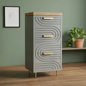Armoire de rangement grise de style mid-century modern avec dessus en bois et poignées en laiton, 3 tiroirs, design gain de place, pour salon et salle de bain - Product Image 2