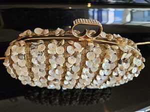 Royal <b>Gold</b> Kundan Stone Embellished Handheld Clutch jewelry Bag with Crystal Fringe Tassels, Luxury Bridal Evening Purse - Product Image 1