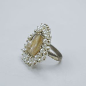 Vintage Silver Look Alike <b>Rhodium</b> Plated Brass Ethnic Mop Cluster <b>Ring</b> with Pearl Setting for Women Wedding Jewelry - Product Image 2