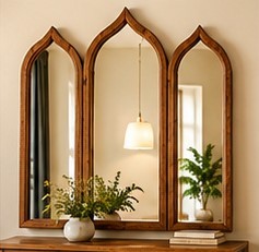 <b>Arched</b> Tri-Fold Modern Wooden <b>Frame</b> Wall Mirror-Bedroom & Home Decor Entryway Vanity Dressing Mirror - Product Image 1