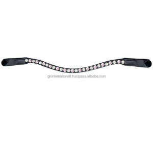 Bandeau de tête pour cheval de course en cuir de selle épais et durable de qualité supérieure, décoré de cristaux multicolores, de pierres et d'une chaîne métallique - Product Image 1