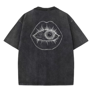 T-shirt Homme Oversize Manches Courtes Col Rond Streetwear Gris en Jersey de Coton avec Imprimé Photo Yeux et Lèvres au Dos - Product Image 2