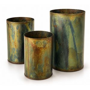 Lot de jardinières rondes industrielles modernes en métal, finition patine vintage, pots de fleurs sur pied hauts pour la décoration intérieure - Product Image 1
