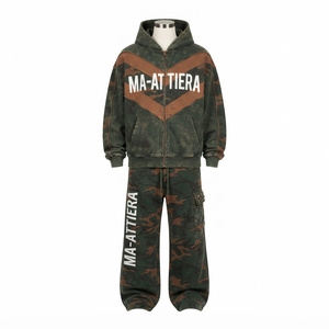 <b>Men</b> Black <b>Green</b> Camouflage Zip Up Hoodie <b>Tracksuit</b> Set Loose Fit Wide Leg Streetwear Custom OEM ODM Wholesale - Product Image 3