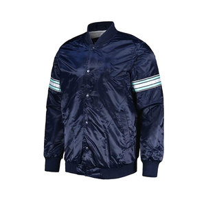 Men Navy Blue Satin Bomber <b>Jacket</b> With <b>Light</b> Blue Sleeve Stripes Casual Regular Fit - Product Image 2