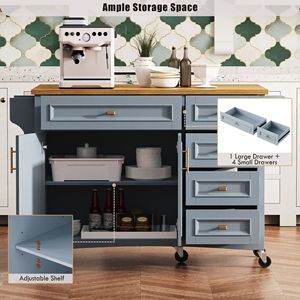 Isola da Cucina da 52 Pollici con Texture Goffrata, Ripiano Ribaltabile, Porta Spezie, Portasciugamani, 2 Ante e 5 Cassetti, su Ruote - Product Image 6