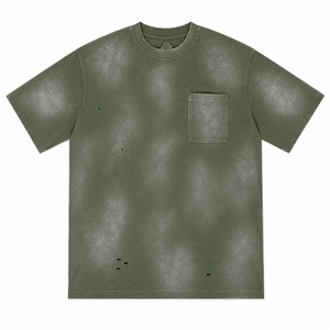 Camiseta de Algodón Oversize Verde Oliva para Hombre, Estilo Casual, Lavada, de Manga Corta, Color Sólido, Cuello Redondo, con Bolsillo - Product Image 1