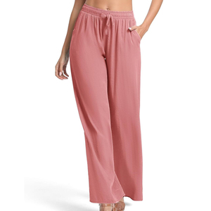 Pantalon large taille haute pour femme, vert uni, en coton tricoté et élasthanne, avec cordon de serrage, décontracté, ample, longueur totale, respirant, pour l'été - Product Image 5