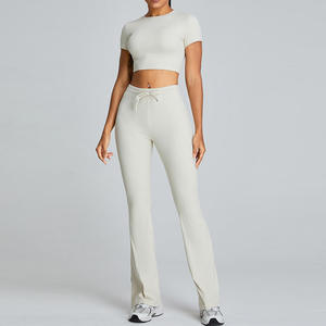 Women Short Sleeve High Waist Flared Leggings 2 Piece <b>Sets</b> <b>Yoga</b> Fitness Clothing <b>Set</b> custom logo and custom desighn - Product Image 4