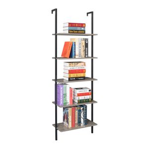 Libreria Industriale a 5 Ripiani in Legno con Struttura in Metallo Grigio, Scaffale Moderno a 5 Livelli di YJ - Product Image 1