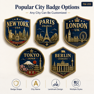 Imán de nevera con insignia metálica de lugares emblemáticos de la ciudad: Nueva York, París, Londres, Tokio, Berlín. Venta al por mayor. - Product Image 5