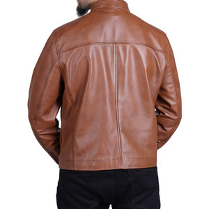 <b>Men's</b> Brown Solid Color Genuine <b>Leather</b> <b>Jacket</b> Stand Collar Zipper Closure Moto Biker Style Available For Online Sale - Product Image 6