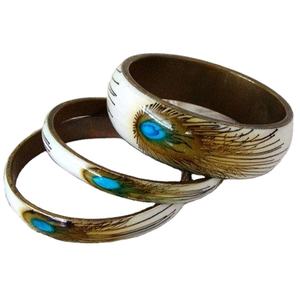 Conjunto de brazalete de resina y latón hecho a mano con estampado de plumas de pavo real, estilo bohemio, joyería de moda artística para mujer y ropa festiva - Product Image 1