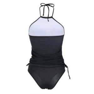 Traje de baño de una pieza para mujer, con estampado de libélulas, con cordón lateral y lazo, ropa de playa de poliéster negra - Product Image 2