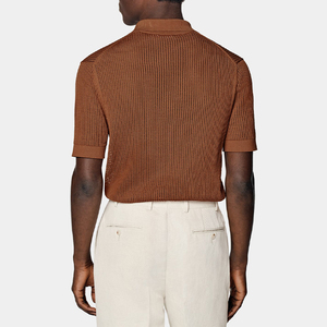 Custom Summer Short Sleeve Cotton Silk <b>Yarn</b> Dyed Solid Textured Net Honeycomb Knit Formal Anti-Pilling 180g Shirt for Men - Product Image 4