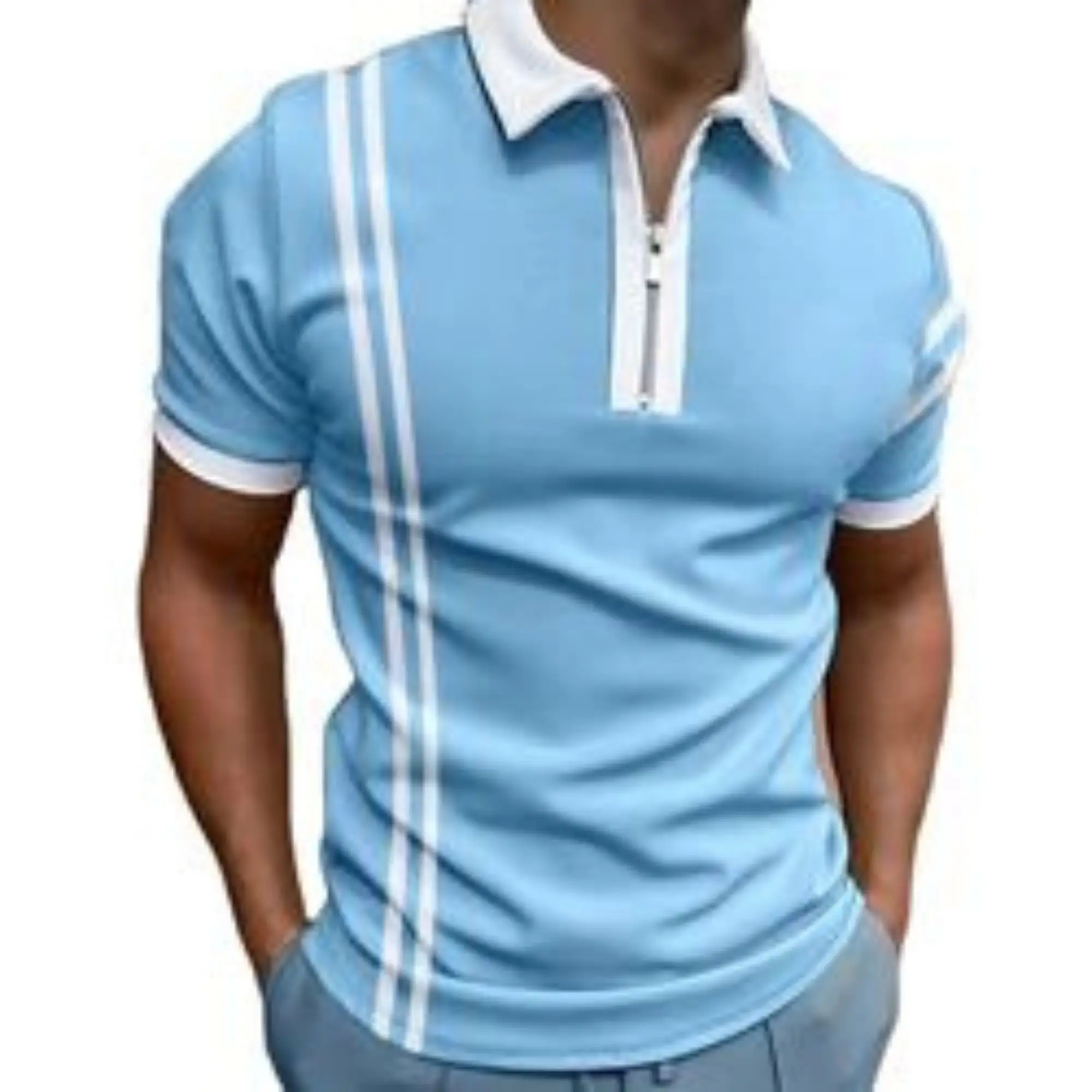 Wholesale European and American summer short-sleeved lapel slim stripes men's polo shirts zipper pattern polo shirt