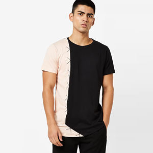 Camiseta de Cuello Redondo con Costuras Asimétricas en Negro y Rosa para Hombre, Manga Corta, Estilo Casual, Logotipo Personalizado, OEM, ODM, Ropa al por Mayor - Product Image 1
