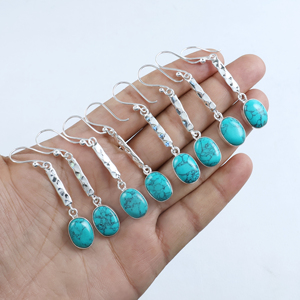 Pendientes Colgantes de Turquesa Natural, Plata de Ley Martillada, Joyería con Piedras Preciosas, Estilo Boho, Proveedores Mayoristas - Product Image 1