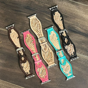 Cute Pink Women Hand Tooled Genuine Leather Watch Bands Stylish Full Size Pin <b>Buckle</b> Replacement Smart Watch <b>Strap</b> for Gifts & - Product Image 5