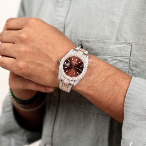 Montre de luxe pour homme, entièrement sertie de diamants Moissanite, cadran marron, acier inoxydable rose, style Hip Hop Bling - Product Image 2