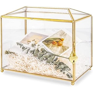 High Quality Glass Jewelry Storage <b>Box</b> With Gold Frame And Heart <b>Lock</b> For Wedding Ring Or Engagement Keepsake Display Case - Product Image 1
