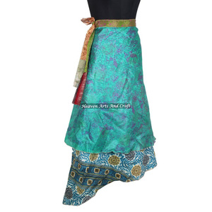 Traditional Indian Women Wear Art Silk Rapron <b>Skirt</b> Women Wear Vintage Silk Sari <b>Long</b> Length Wrap Around <b>Skirt</b> 2 Layer Saree - Product Image 4