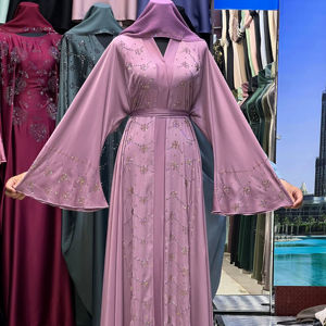 Abaya Modeste de Dubaï en Gros, Perlée et Pailletée, à Manches Longues, Traditionnelle Musulmane, Faite à la Main, pour Mariage, en Polyester Respirant, Col en V pour Femme - Product Image 1